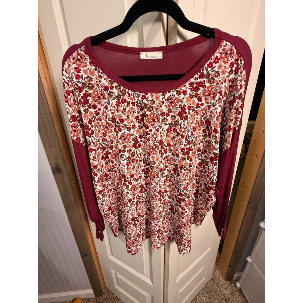 Les Amis Womens Floral Print Raglan Long Sleeve Scoop Neck Top Burgundy Medium